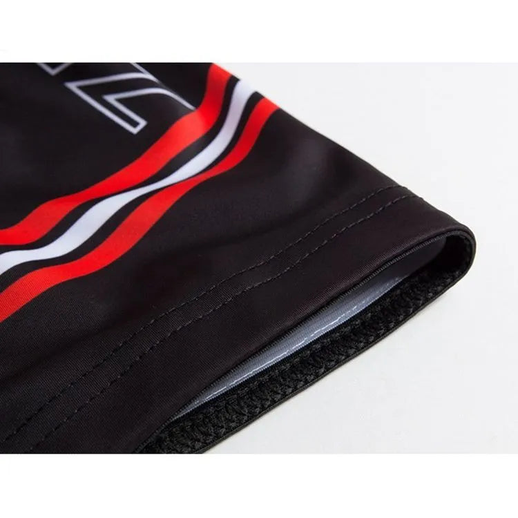 Men's black cycling shorts with silicone 3D padding, side view, made from polyester Lycra blend