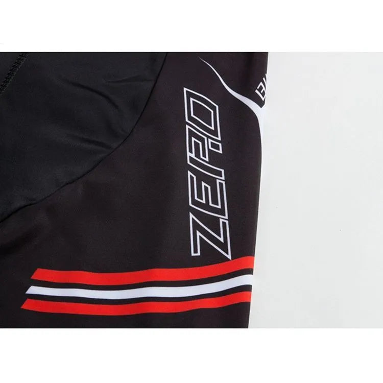 Men's black cycling shorts with silicone 3D padding, side view, made from polyester Lycra blend