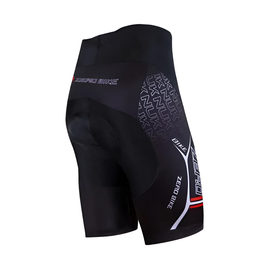 Men's black cycling shorts with silicone 3D padding, side view, made from polyester Lycra blend