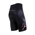 Men's black cycling shorts with silicone 3D padding, side view, made from polyester Lycra blend