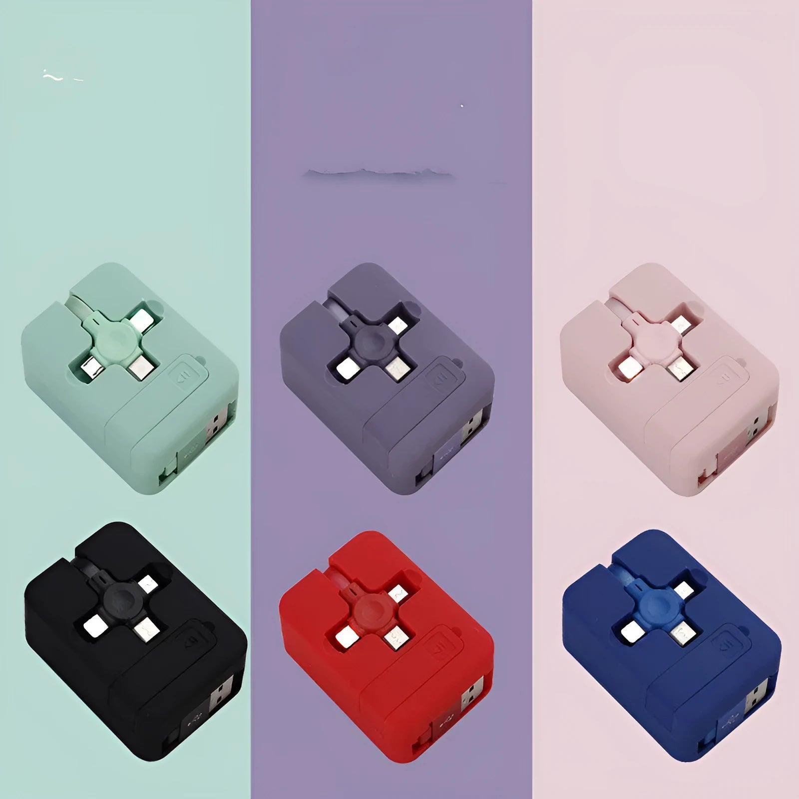 Macaron telescopic three-in-one charging cable in assorted colours showing USB, 8PIN, and TYPE-C connectors.