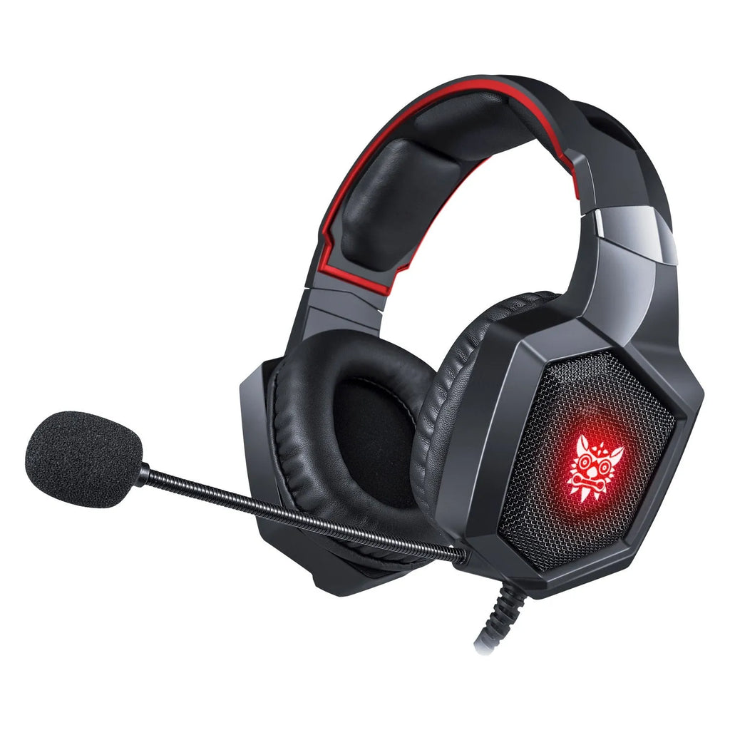 ONIKUMA K8 gaming headset with black RGB colour and imitation protein skin earmuffs on a dark background