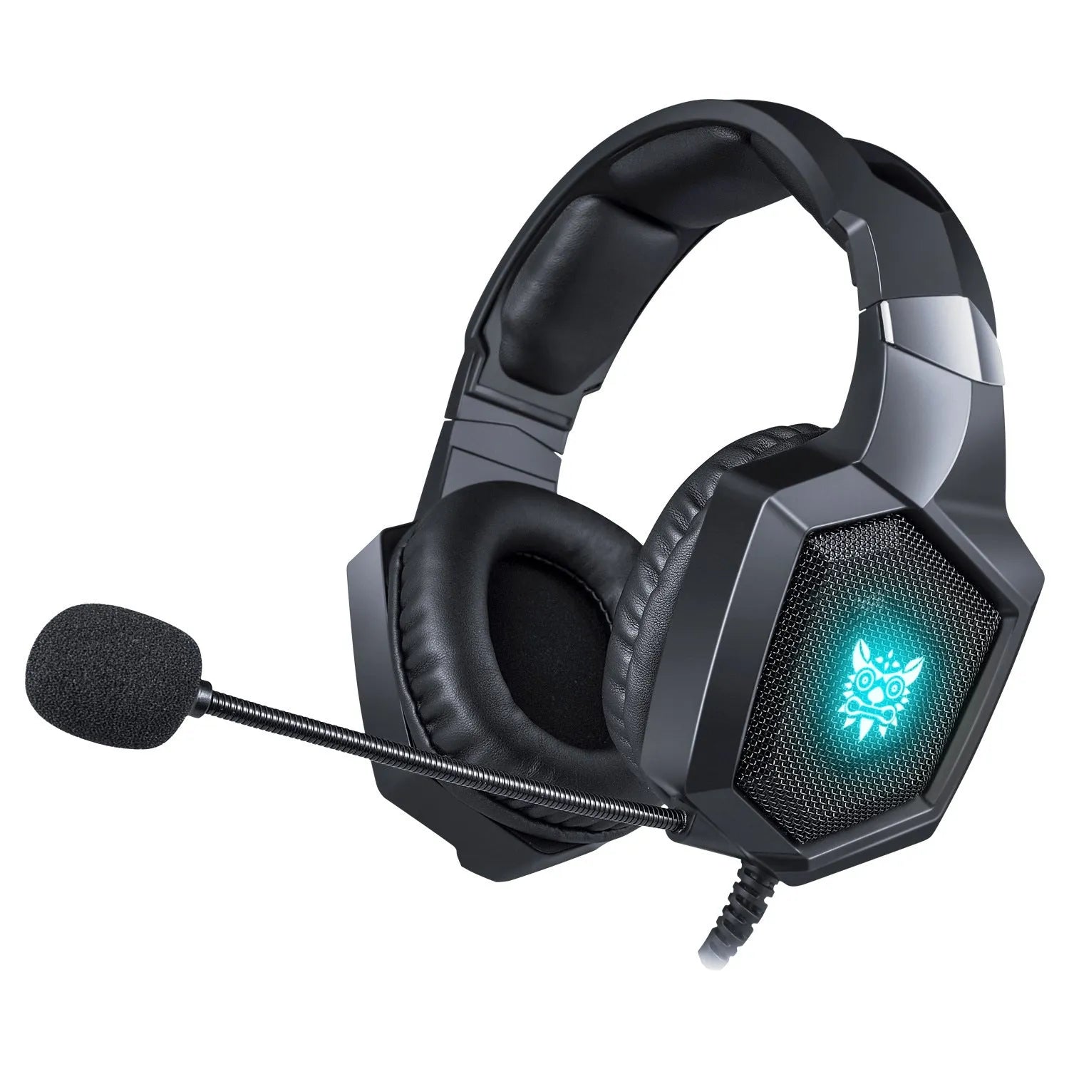 ONIKUMA K8 gaming headset with black RGB colour and imitation protein skin earmuffs on a dark background