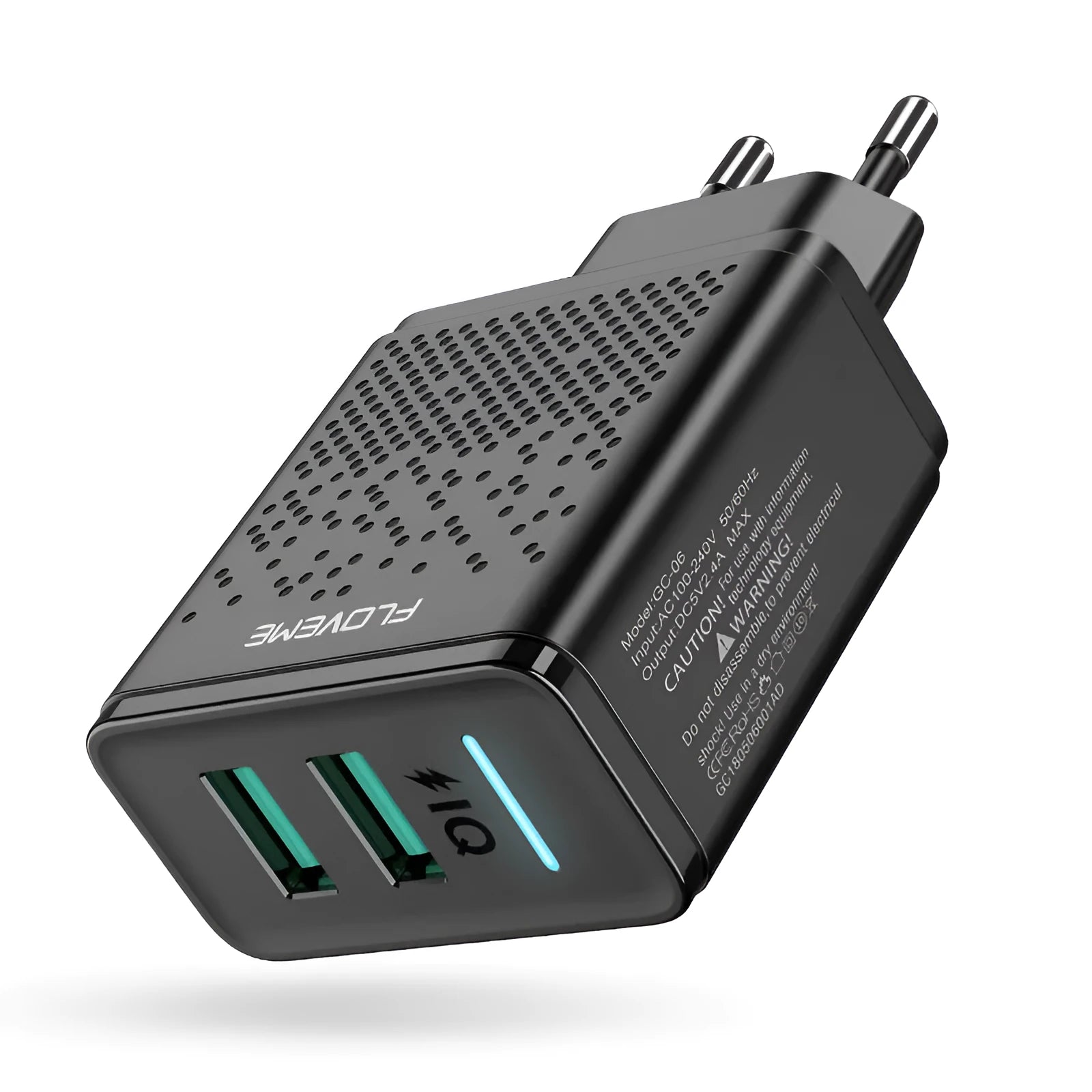 Fromi dual port USB wall charger with EU plug in black or white colour options