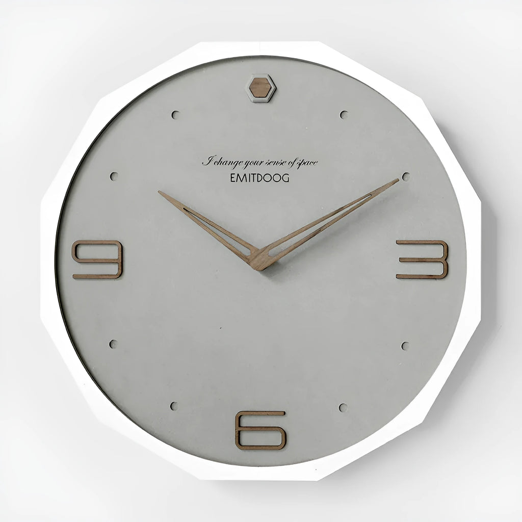 12 inch round minimalist wall clock with mirror finish in Nordic design, showing free perforated mounting system