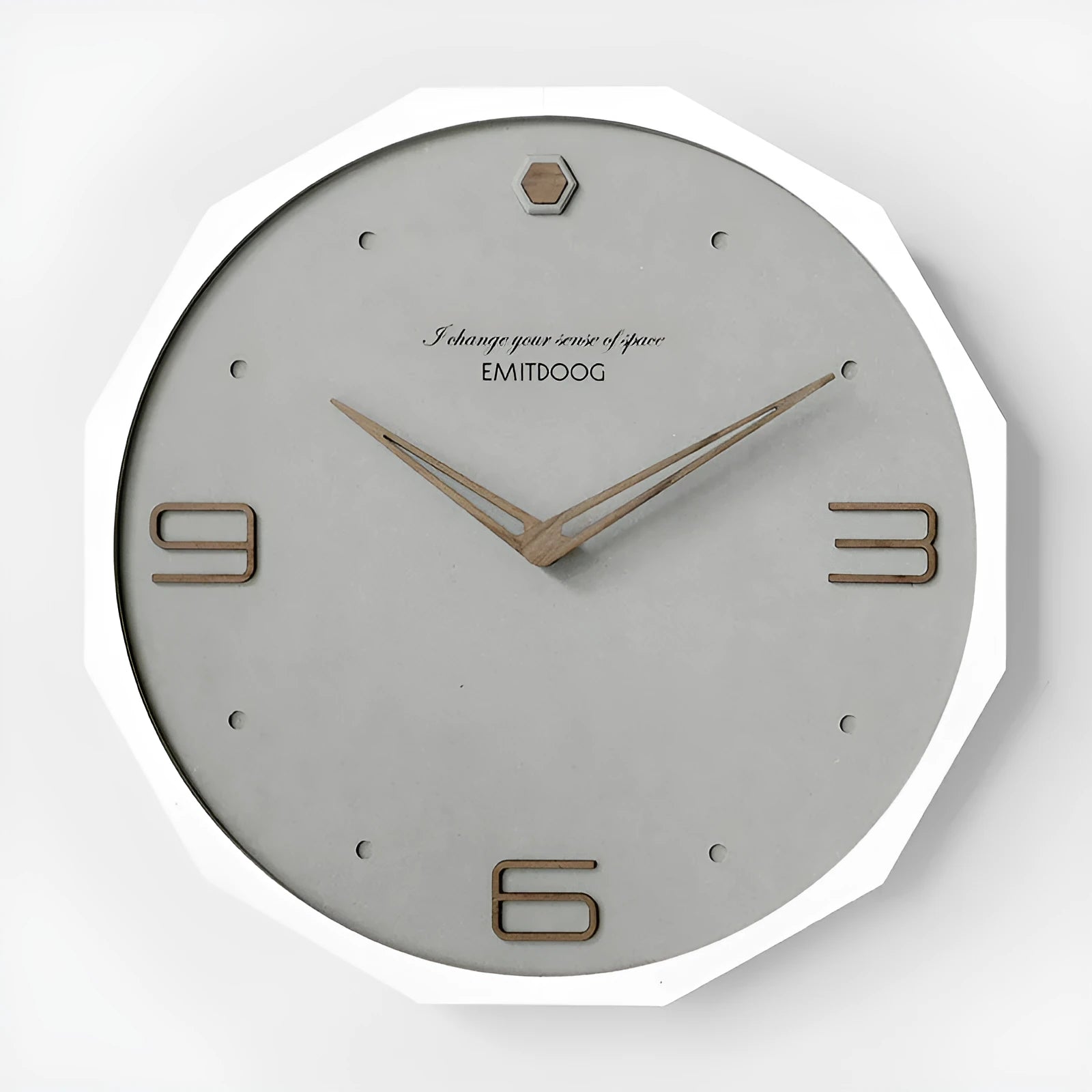 12 inch round minimalist wall clock with mirror finish in Nordic design, showing free perforated mounting system
