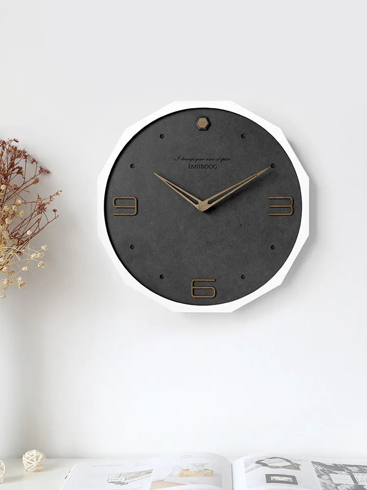 12 inch round minimalist wall clock with mirror finish in Nordic design, showing free perforated mounting system