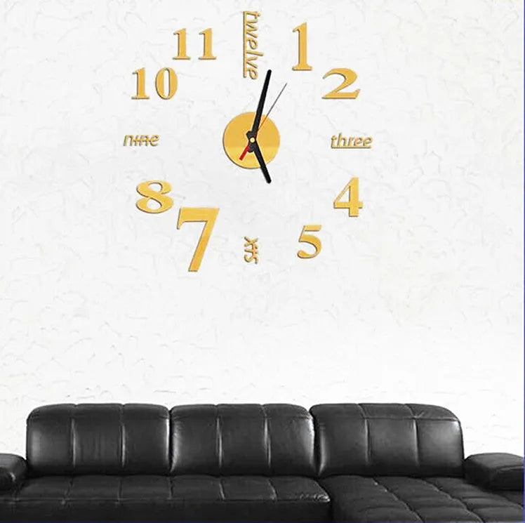 10 inch round DIY acrylic 3D stereo mirror wall clock with quartz movement in silver colour on a white wall