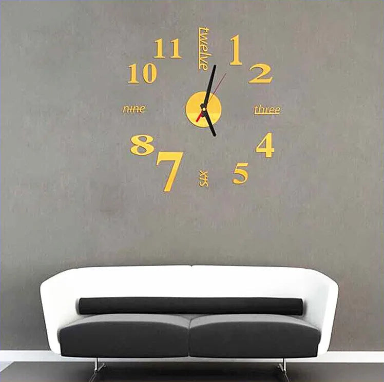 10 inch round DIY acrylic 3D stereo mirror wall clock with quartz movement in silver colour on a white wall