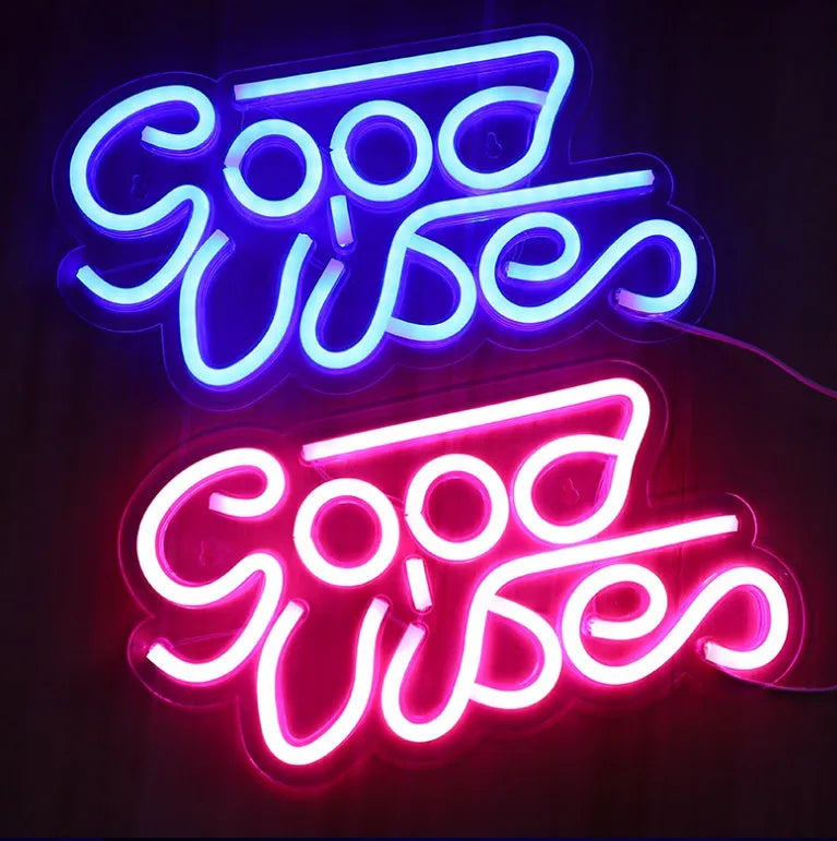LED transparent acrylic neon light in Good Vibes size, USB powered, for wall hanging decoration
