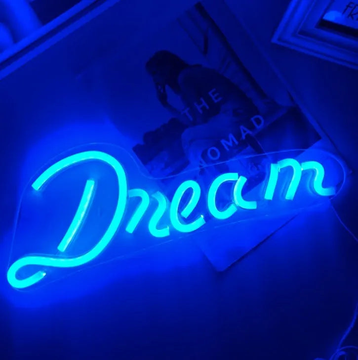 LED pendant neon light with acrylic backboard in blue colour showing 45cm length and compact design