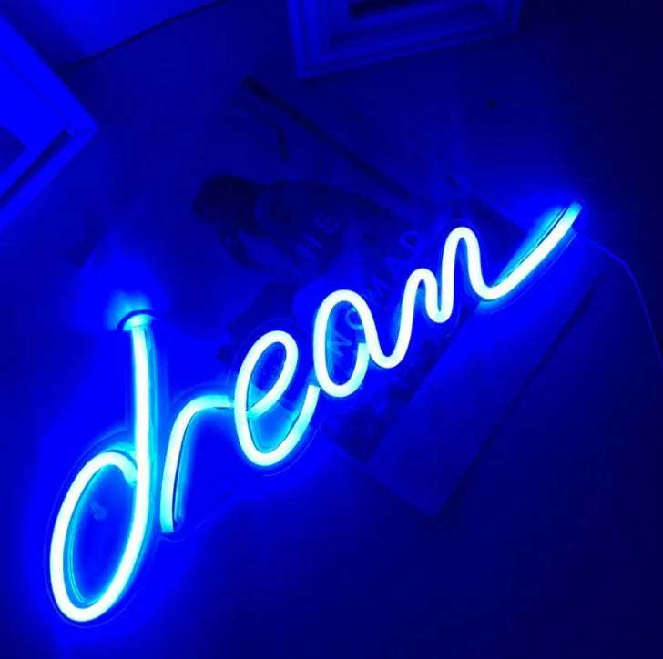 LED pendant neon light with acrylic backboard in blue colour showing 45cm length and compact design