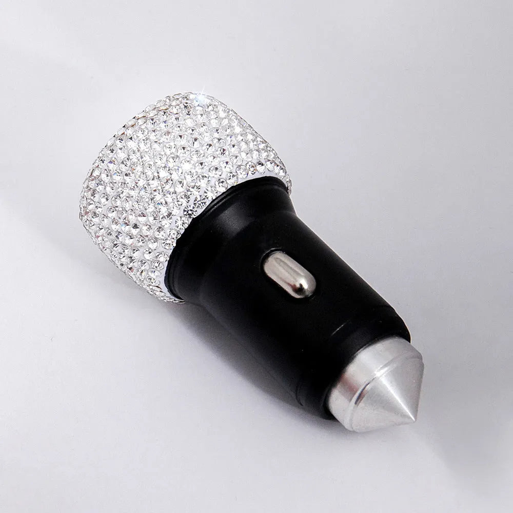 Diamond-studded car mobile phone safety hammer charger with dual USB ports, compact 25mm x 65mm