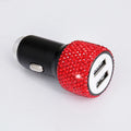 Diamond-studded car mobile phone safety hammer charger with dual USB output in black, pink, red, colorful, and silver colour options
