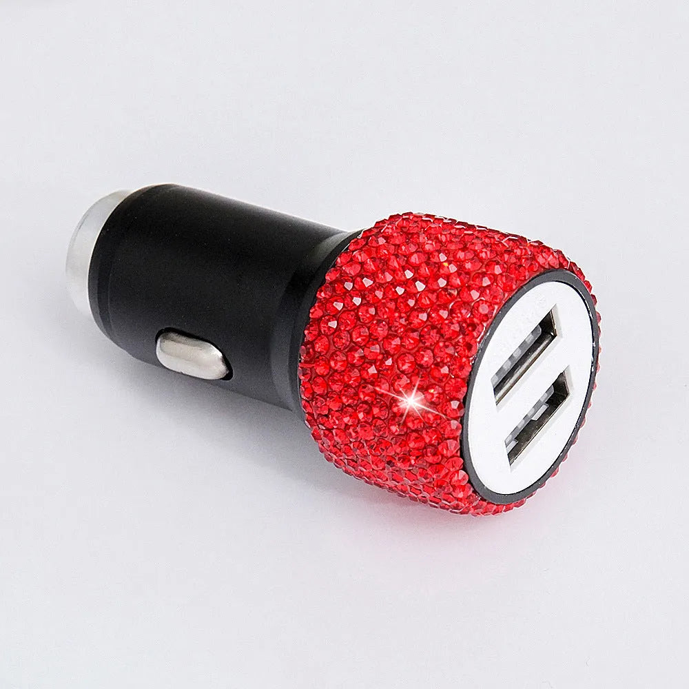 Diamond-studded car mobile phone safety hammer charger with dual USB output in black, pink, red, colorful, and silver colour options