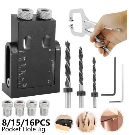 Black aluminium woodworking perforation locator tool with drill bits and angled design