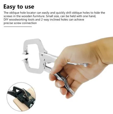 Black aluminium woodworking perforation locator tool with drill bits and angled design