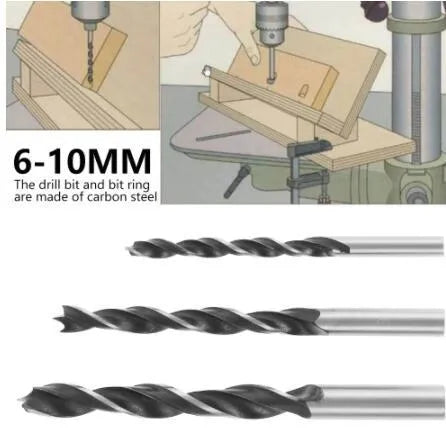 Black aluminium woodworking perforation locator tool with drill bits and angled design