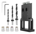 Black aluminium woodworking perforation locator tool with drill bits and angled design