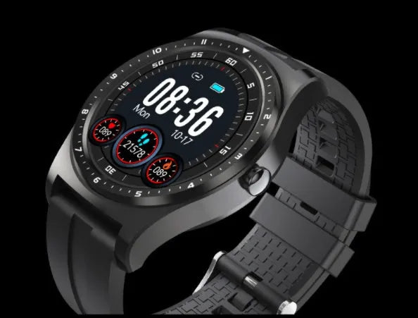 Black zinc alloy smart watch with silicone band showing heart rate and blood pressure monitoring features