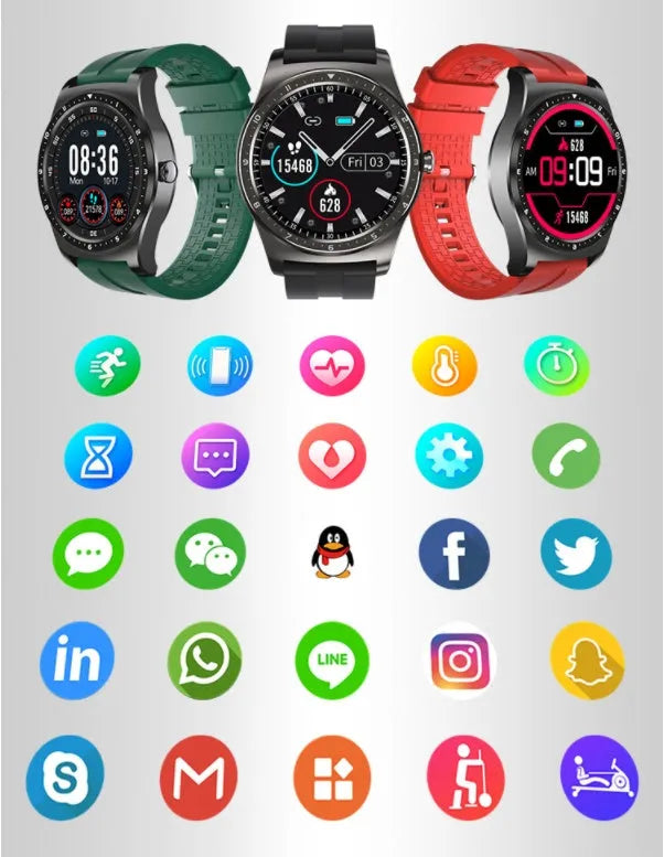 Black zinc alloy smart watch with silicone band showing heart rate and blood pressure monitoring features