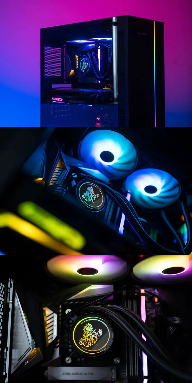 Kirin 240 CPU water cooling radiator with colourful ARGB lighting and 24cm copper-aluminium core