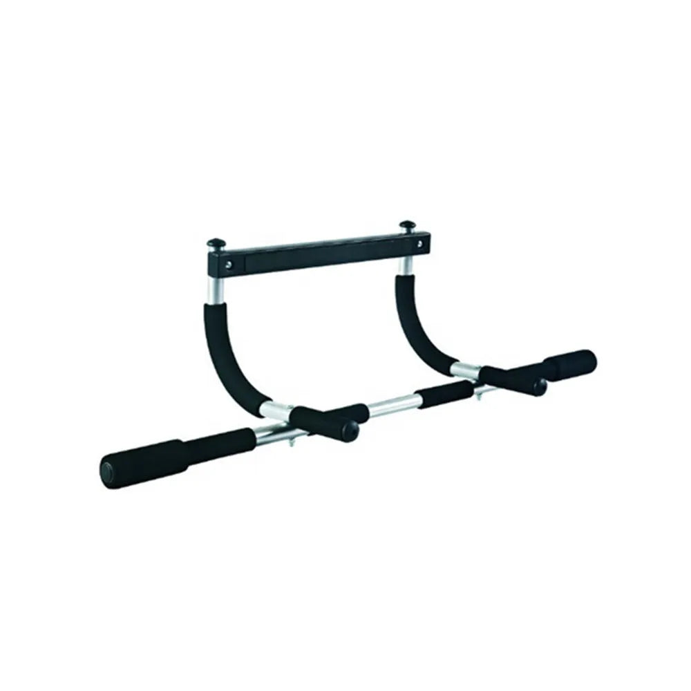 Black steel indoor pull-up bar mounted on wall for fitness training