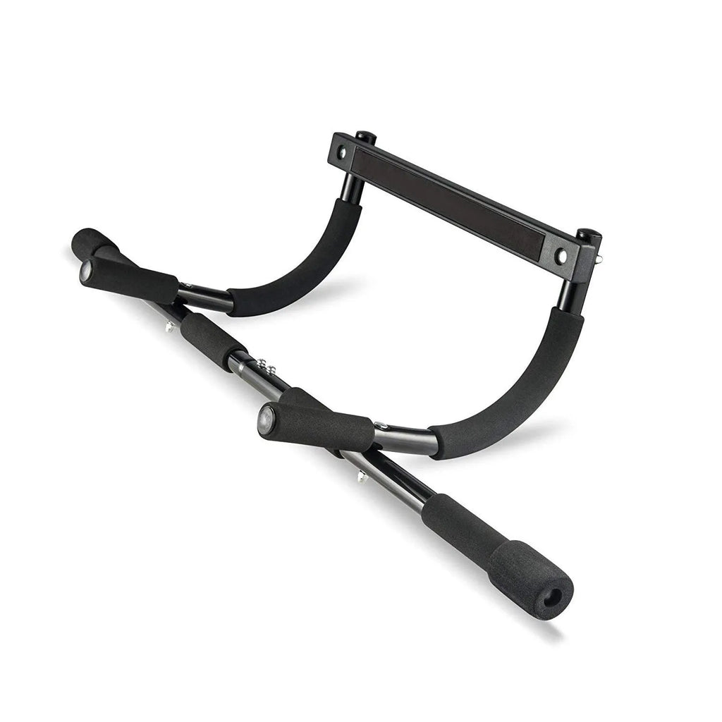 Black steel indoor pull-up bar mounted on wall for fitness training