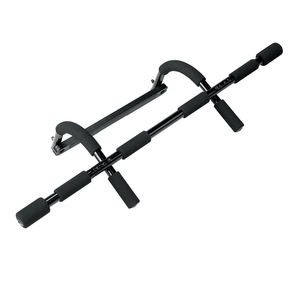 Black steel indoor pull-up bar mounted on wall for fitness training