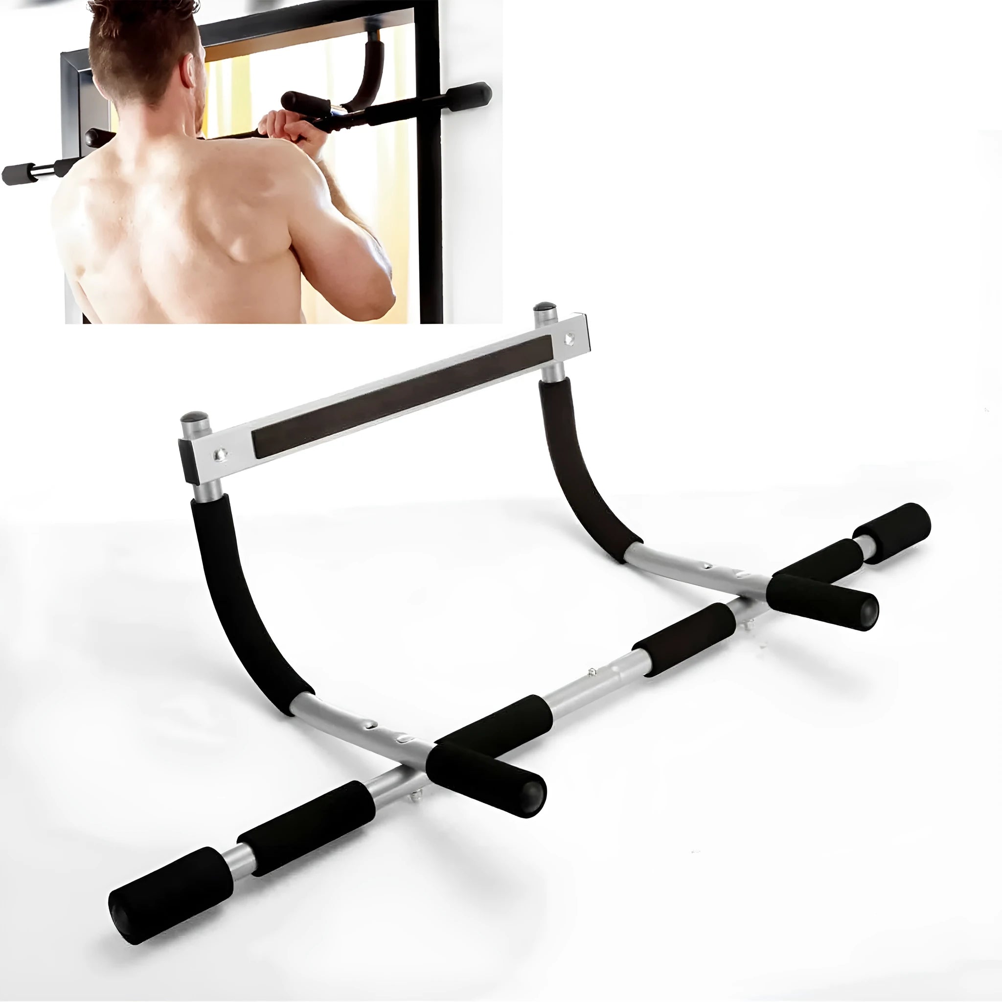 Black steel indoor pull-up bar mounted on wall for fitness training
