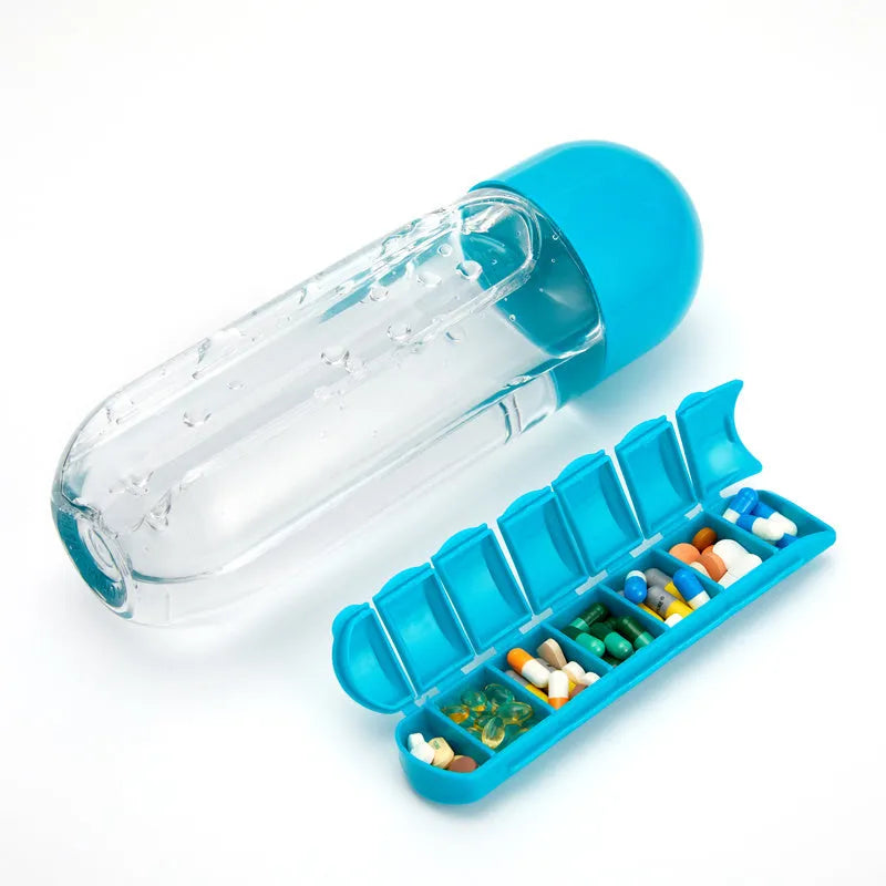 Plastic water bottle with built-in 7 day pillbox organizer in black colour