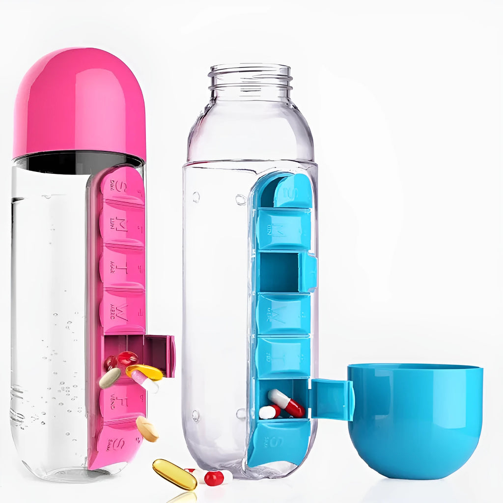 Plastic water bottle with built-in 7 day pillbox organizer in black colour