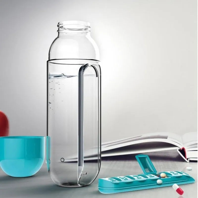 Plastic water bottle with built-in 7 day pillbox organizer in black colour