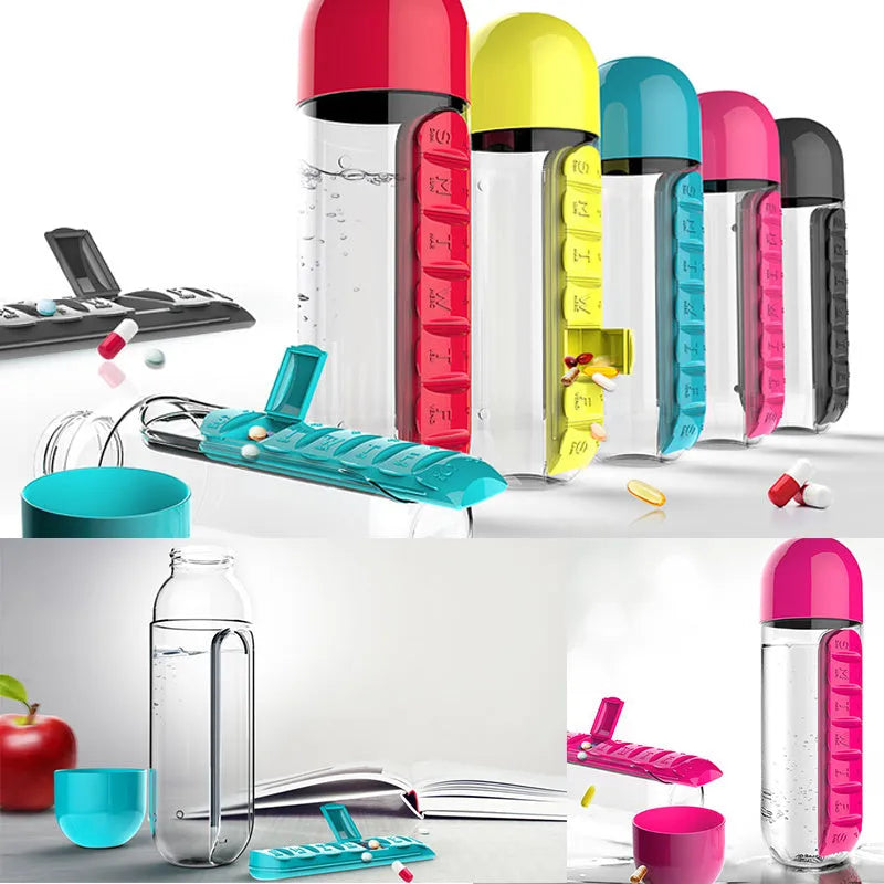 Plastic water bottle with built-in 7 day pillbox organizer in black colour