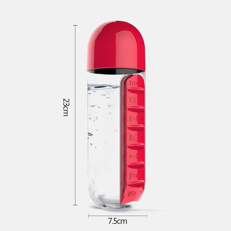 Plastic water bottle with built-in 7 day pillbox organizer in black colour