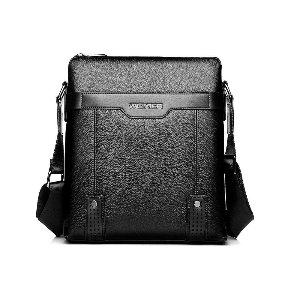 Men's black PU leather casual shoulder bag with zip closure and single strap