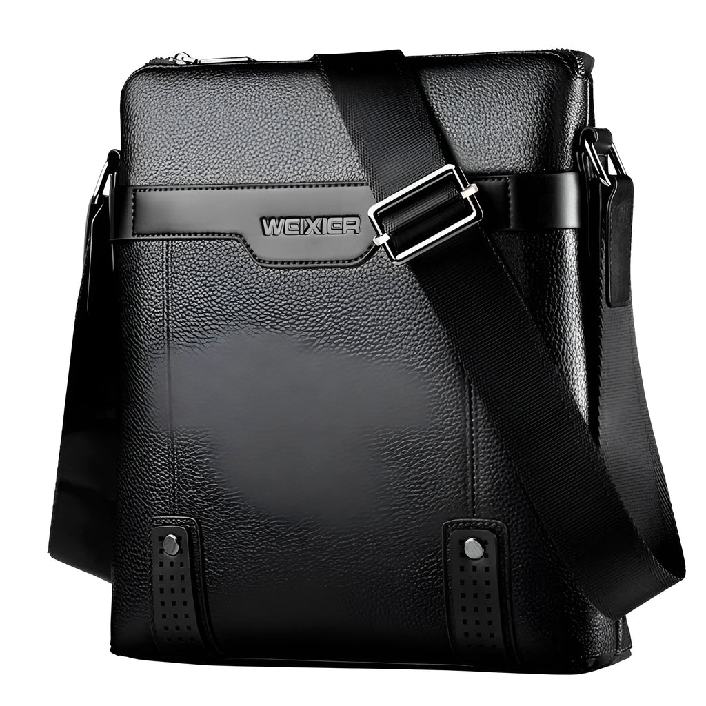 Men's black PU leather casual shoulder bag with zip closure and single strap