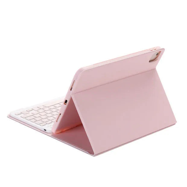 Imitation leather Bluetooth keyboard case for iPad in yellow with pen slot and sleep function.