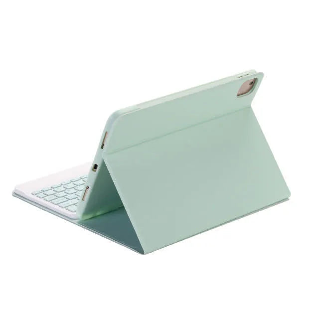 Imitation leather Bluetooth keyboard case for iPad in yellow with pen slot and sleep function.