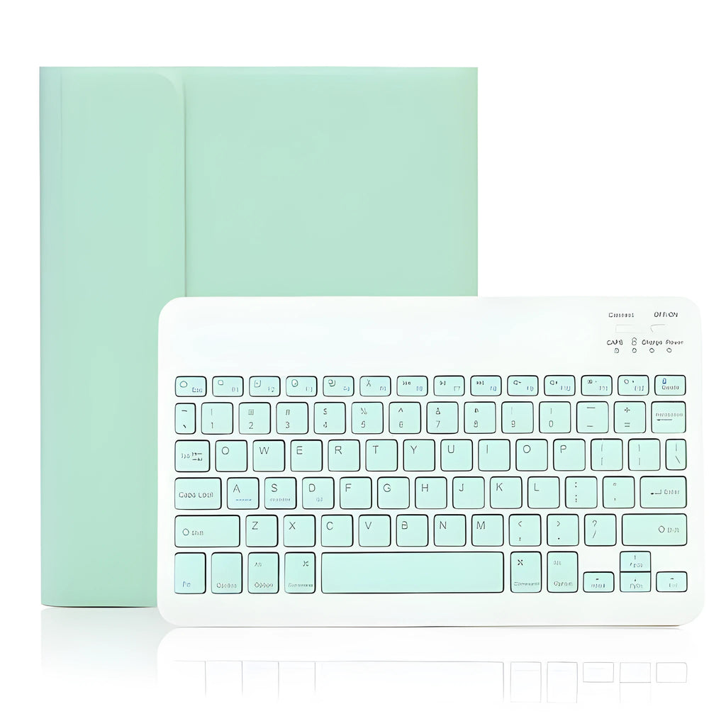 Imitation leather Bluetooth keyboard case for iPad in yellow with pen slot and sleep function.