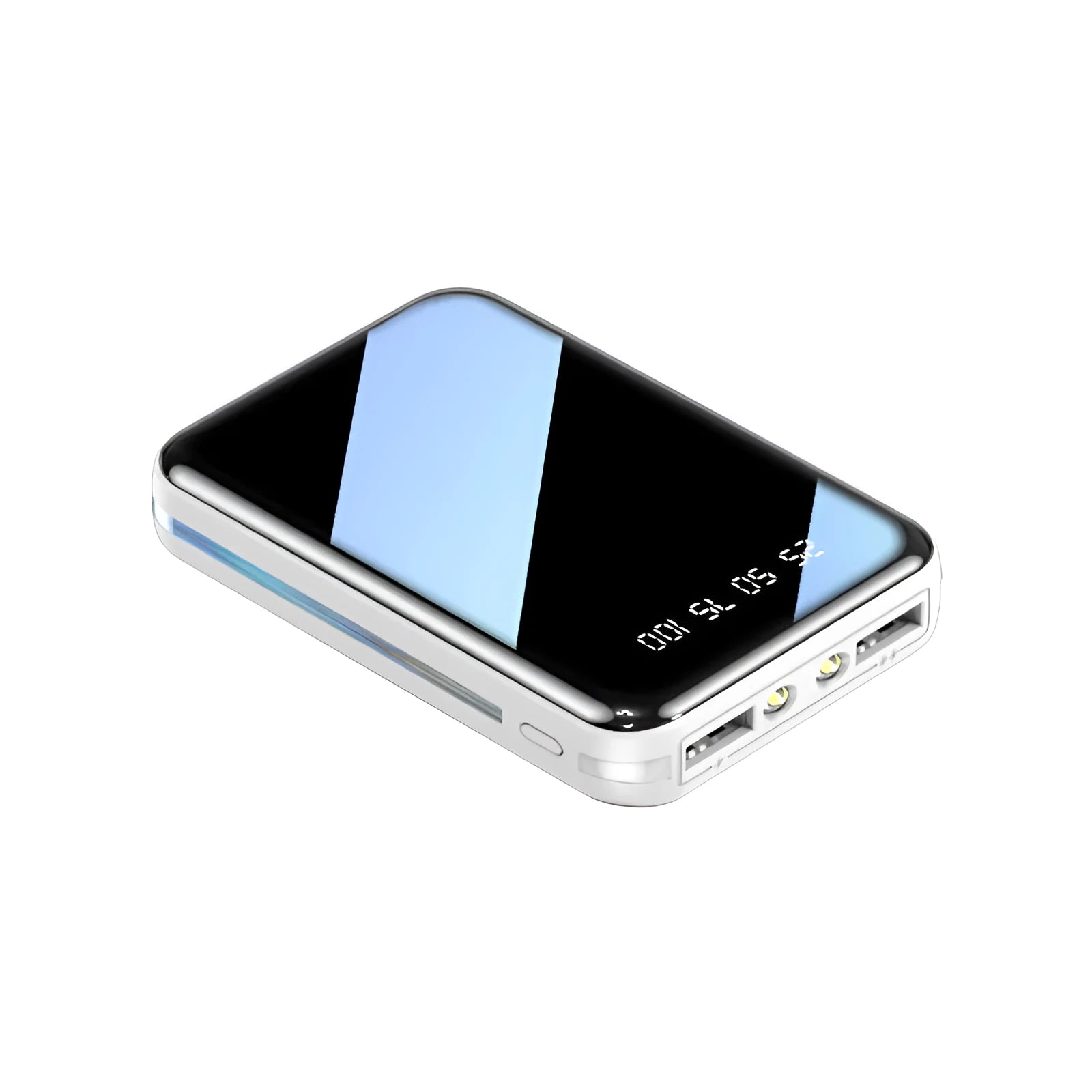 White mini power bank with digital display showing battery percentage, featuring two USB ports