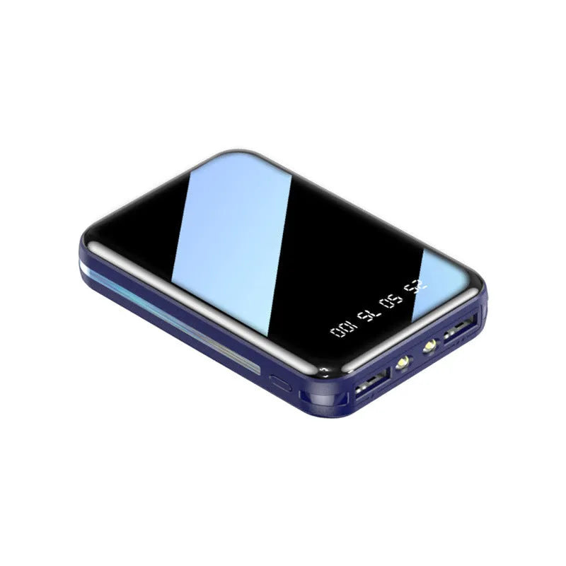 White mini power bank with digital display showing battery percentage, featuring two USB ports