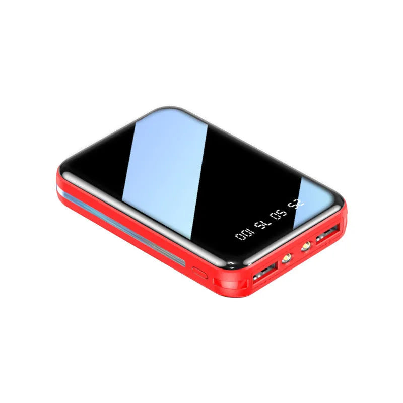White mini power bank with digital display showing battery percentage, featuring two USB ports