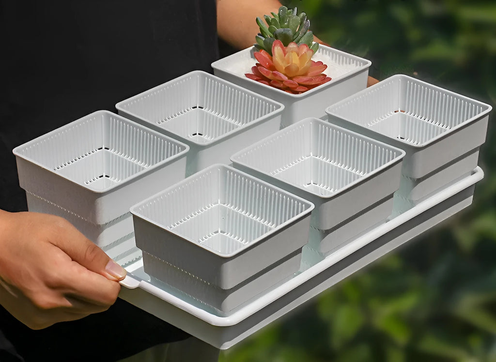 Meishi black and white plastic succulent flower pot with 32cm base diameter on coordinating tray