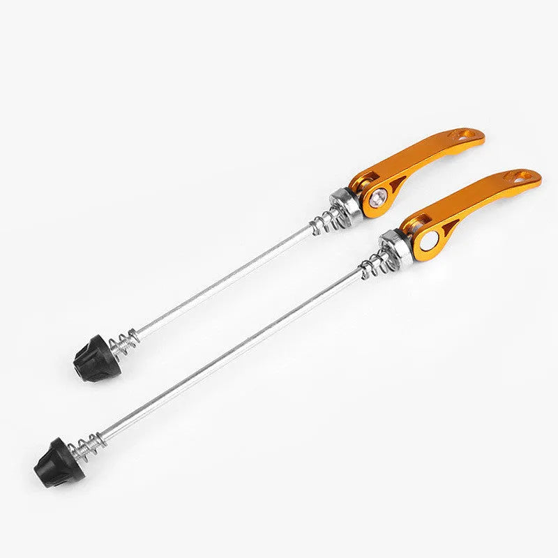 Bicycle quick release axle lever in black, blue, gold, red, and silver colour options
