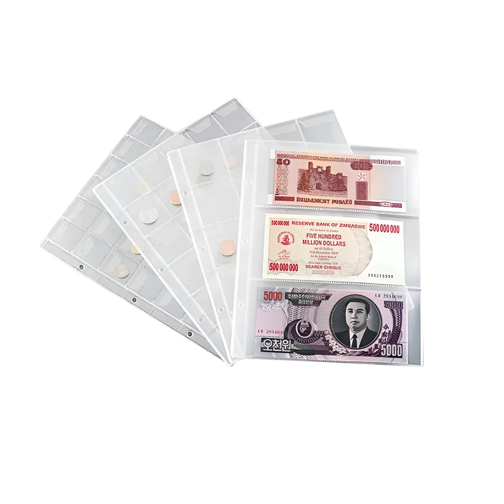 Transparent PVC coin collection loose leaf page measuring 252x200mm for album storage