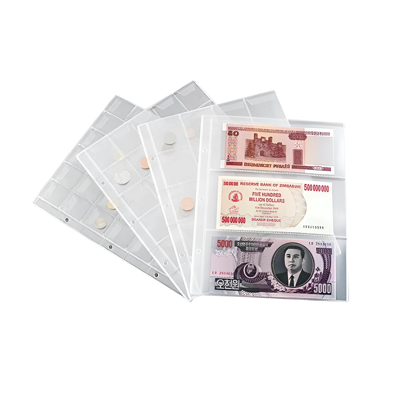 Transparent PVC coin collection loose leaf page measuring 252x200mm for album storage