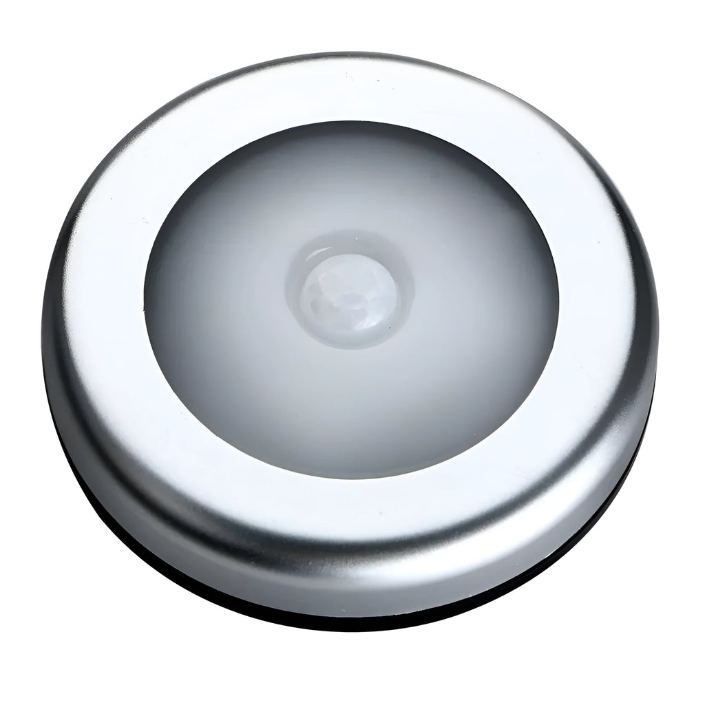 Silver circular battery-powered motion sensor night light with a white PC plastic lampshade.