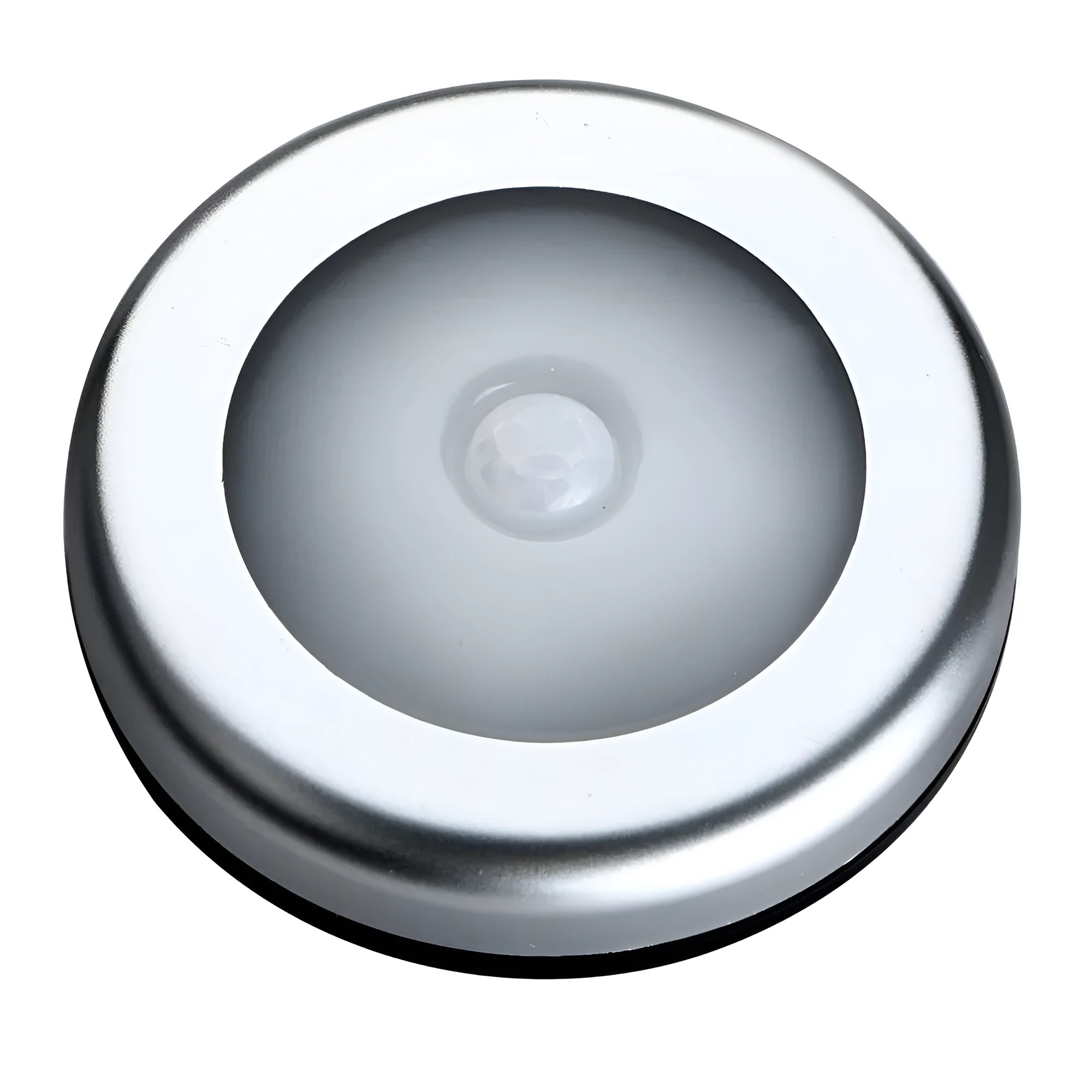 Silver circular battery-powered motion sensor night light with a white PC plastic lampshade.