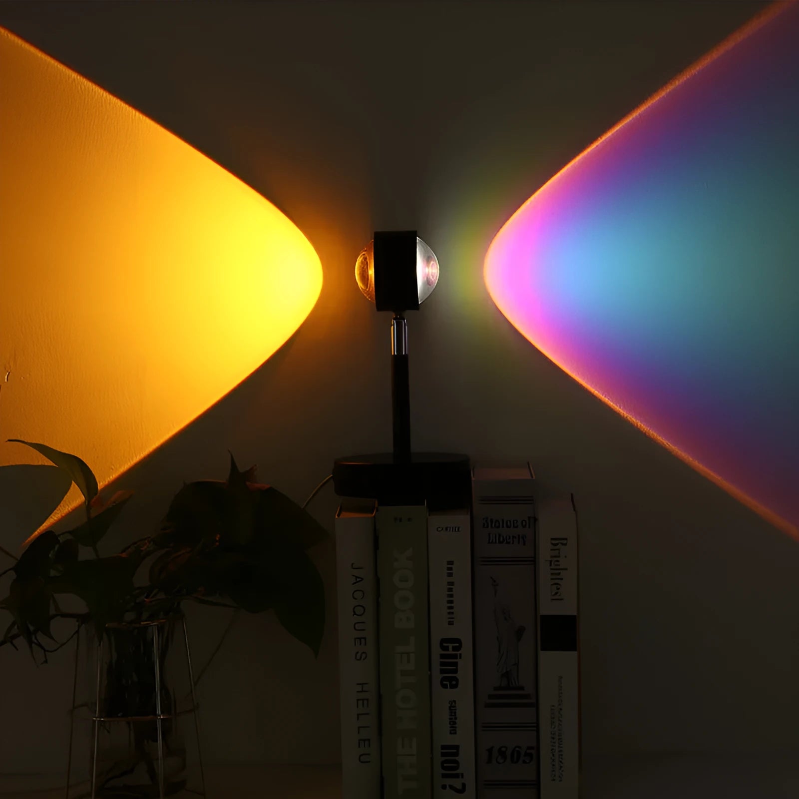 Black USB dual-head sunset rainbow projection table lamp with touch control on bedside table